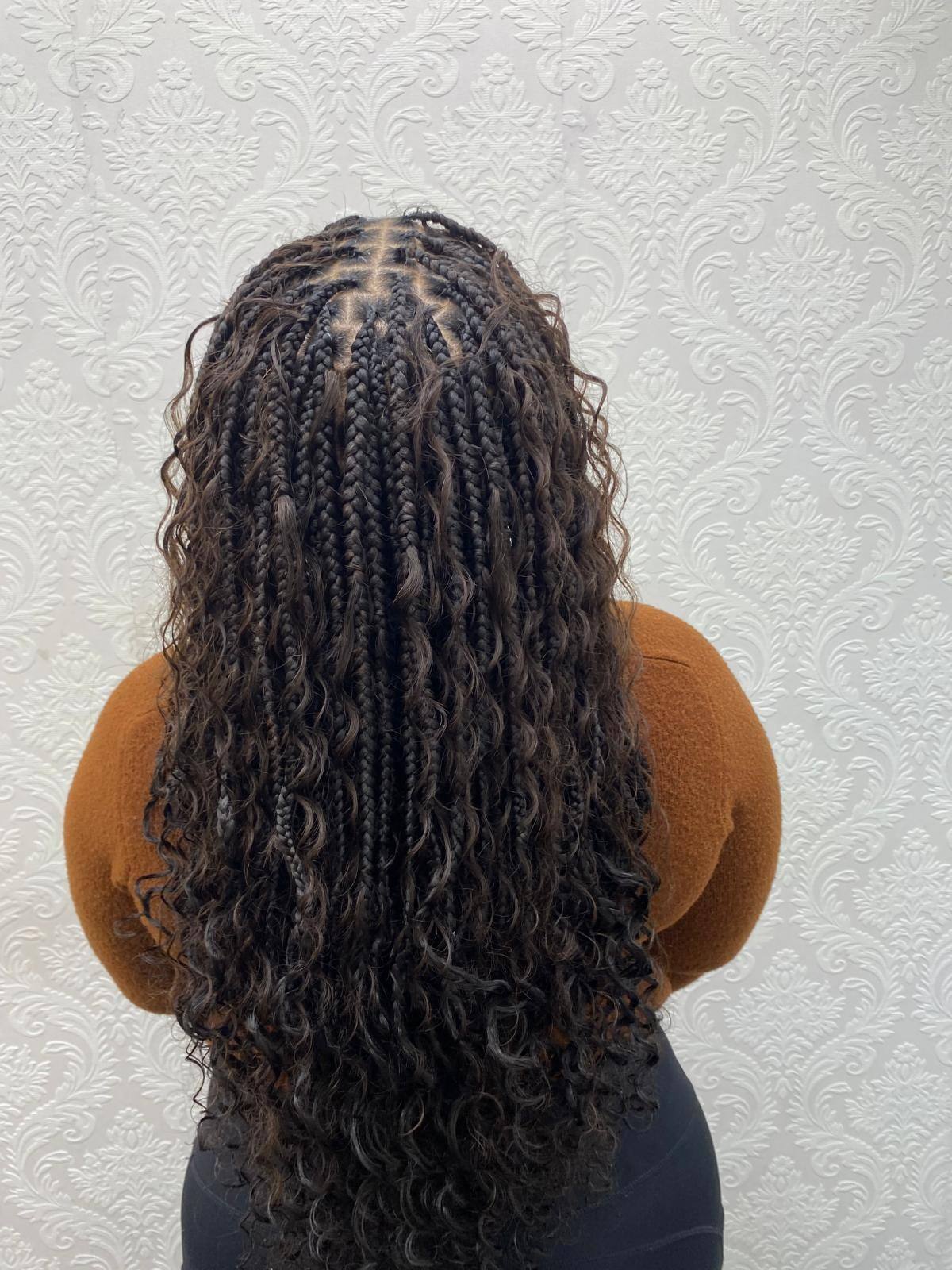 Boho knotless braids finished waist length, back view