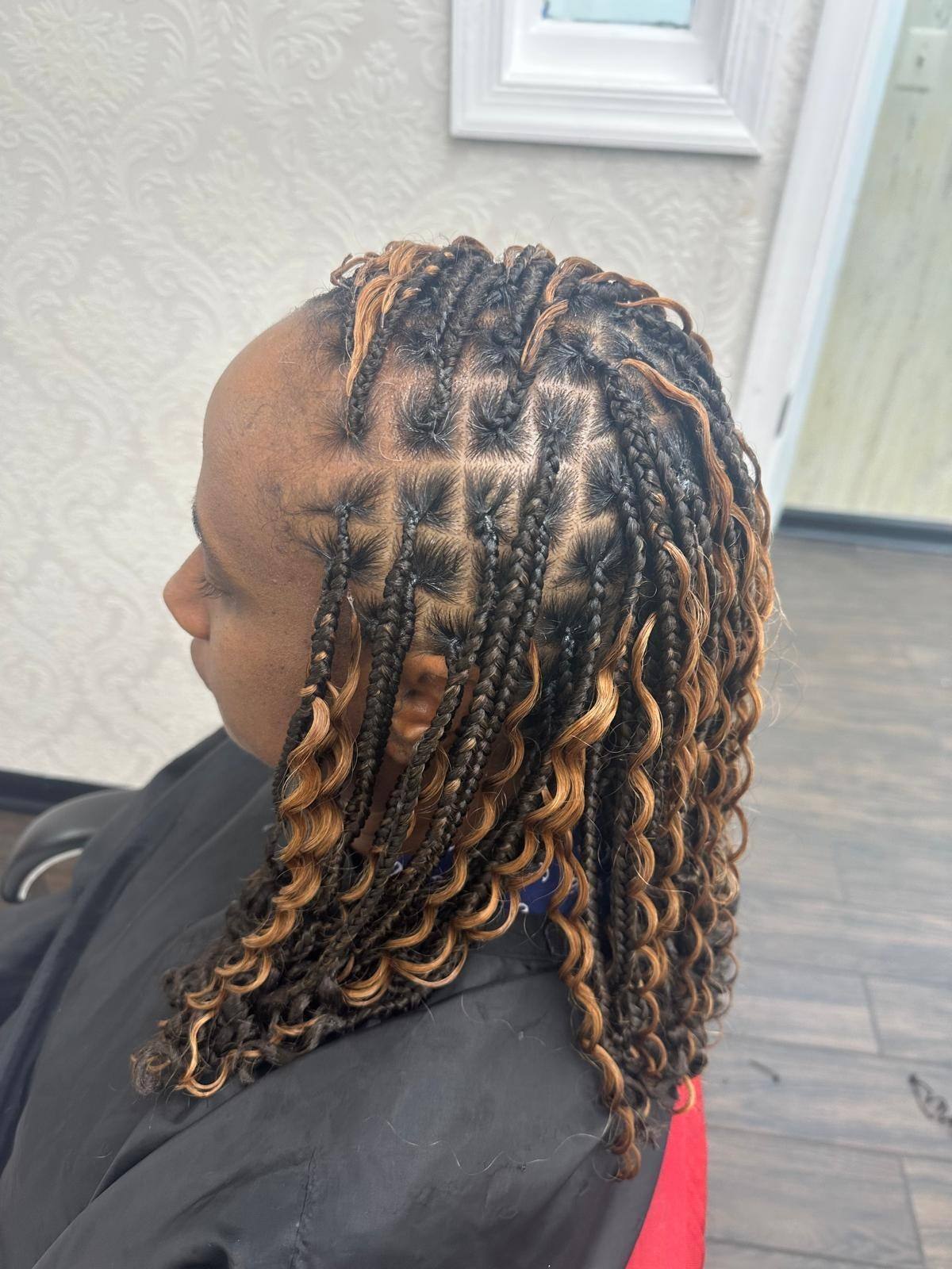 Honey curly twists, side view in the salon