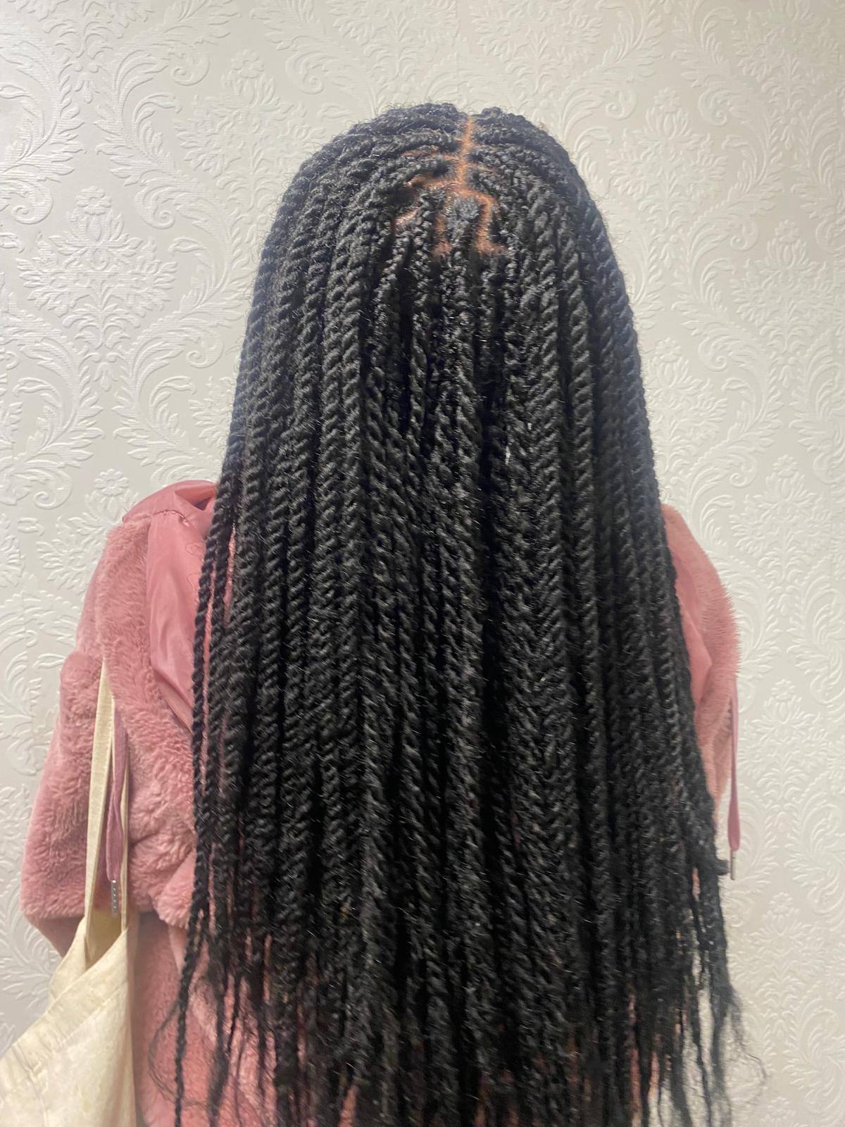 Long Senegalese twists hanging straight, back view